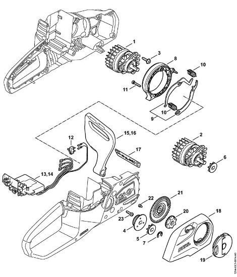 Electric motor, Electronic module, Chain sprocket cover Battery chain saws (MSA) MSA 120 C-B Stihl