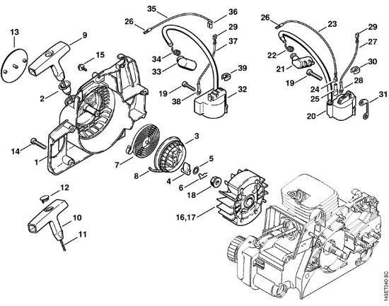 Rewind starter, Ignition system Gasoline chain saws (MS) 017 Stihl