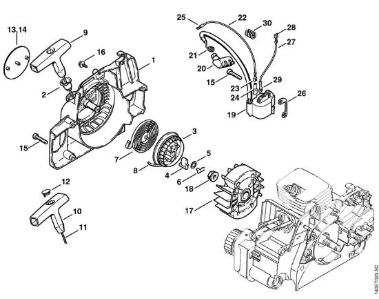 Rewind starter, Ignition system Gasoline chain saws (MS) 018 C Stihl