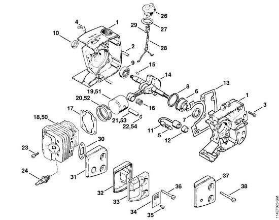 Crankcase, Cylinder Gasoline chain saws (MS) 020 (1114) Stihl