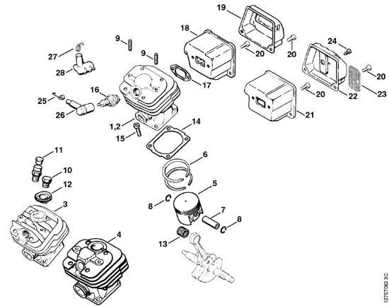 Cylinder, Muffler Gasoline chain saws (MS) 024 SW Stihl