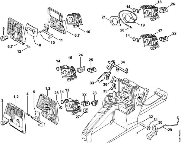 Air filter, Throttle control Gasoline chain saws (MS) 026 Stihl