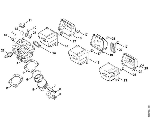 Cylinder, Muffler Gasoline chain saws (MS) 026 Stihl