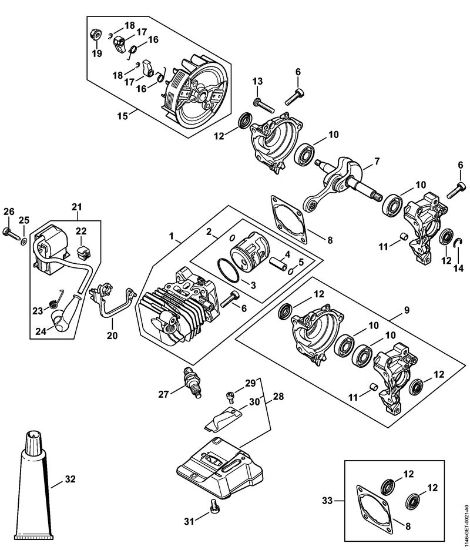 Cylinder with piston, Ignition system Gasoline chain saws (MS) MS 151 TC-E Stihl