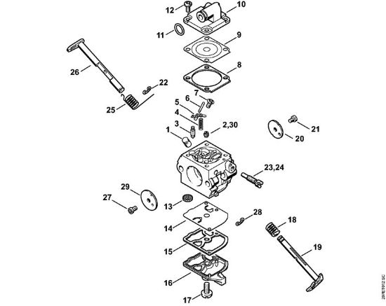 Carburetor C1Q-S57, C1Q-S57, C1Q-S264 Gasoline chain saws (MS) MS 180 C-B Stihl