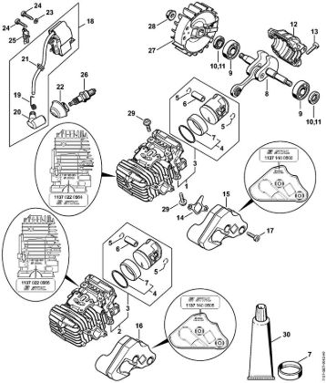 Cylinder with piston, Ignition system Gasoline chain saws (MS) MS 193 C-E Stihl