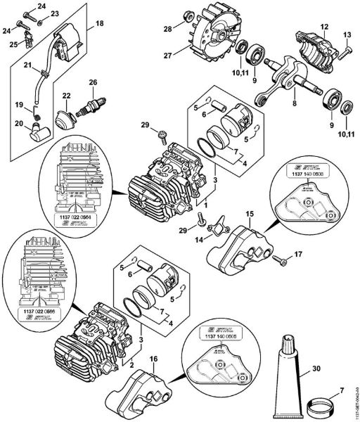 Cylinder with piston, Ignition system Gasoline chain saws (MS) MS 193 C-E Stihl
