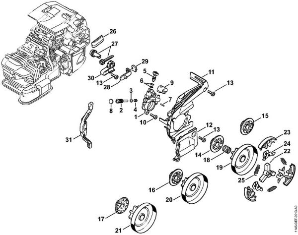 Oil pump, Clutch Gasoline chain saws (MS) MS 201 Stihl