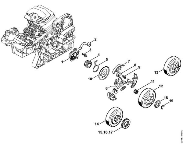 Oil pump, Clutch Gasoline chain saws (MS) MS 231 C-BE Stihl