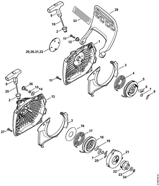 Rewind starter, Hand guard Gasoline chain saws (MS) MS 291 C-BE Stihl
