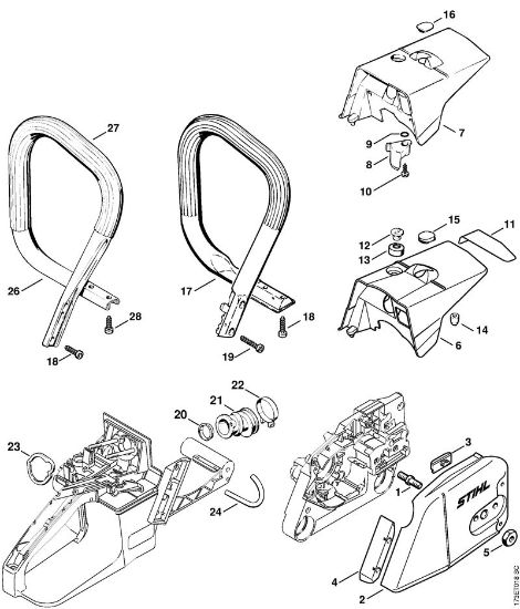 Chain sprocket cover, Handlebar Gasoline chain saws (MS) MS 340 Stihl