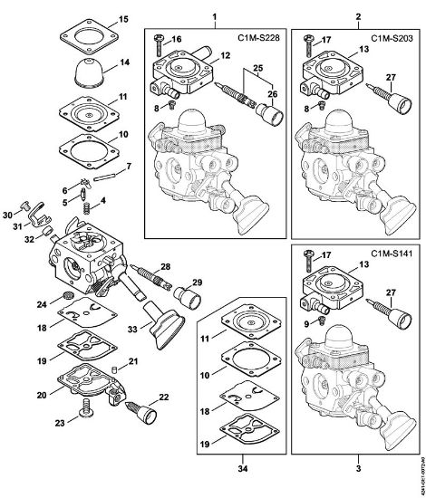 Carburetor C1M-S228, C1M-S203, C1M-S141 Blowers (BG, BR) BG 86 C-E Stihl