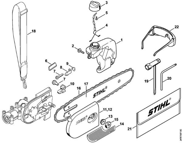 Oil tank, Chain sprocket cover, Tools Electric pole pruners (HTE) HTE 60 Stihl