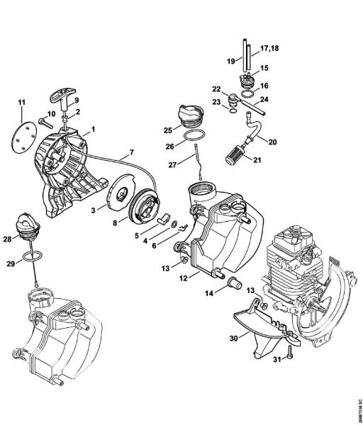 Rewind starter, Fuel tank Backpack brushcutters (FR) FR 130 T Stihl