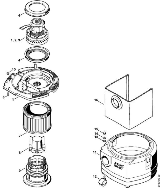 Electric motor, Filter, Container Vacuum cleaners (SE) SE 60 E Stihl