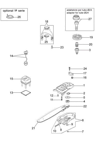 Complete illustrated parts list EP 100 Pruner attachment